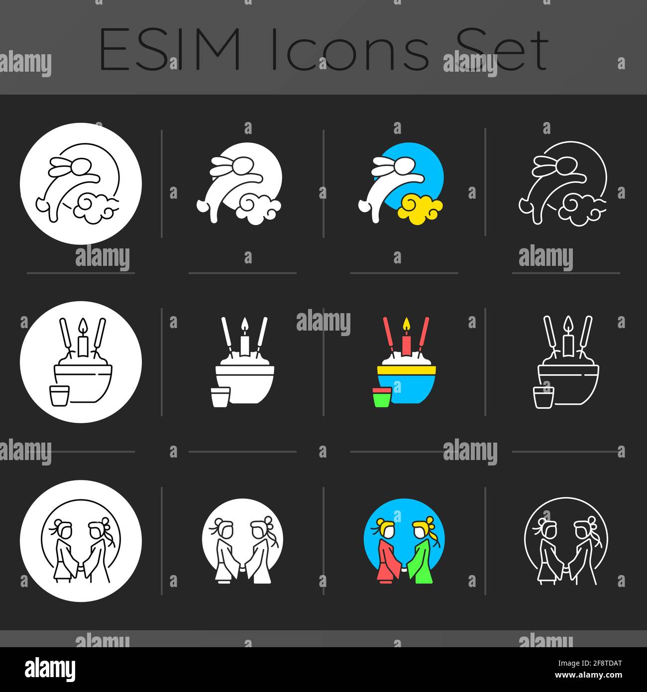 Chinese holidays dark theme icons set Stock Vector