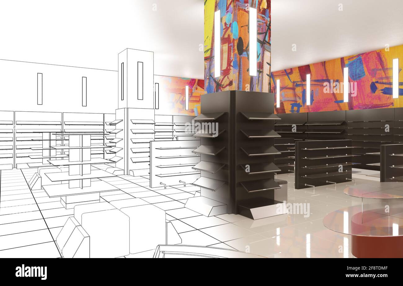 shopping mall, interior visualization, 3D illustration Stock Photo