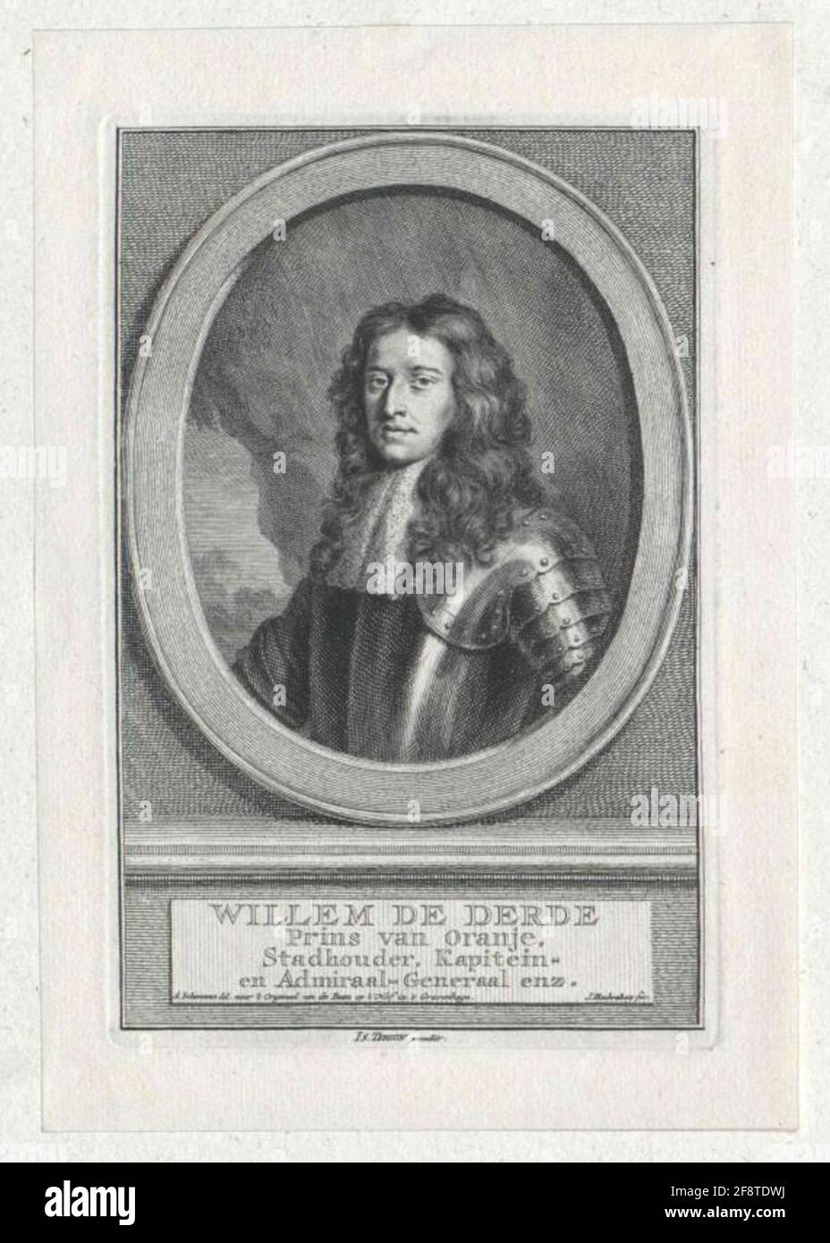 Wilhelm III., Prince of Orania, King of England almost half figure, half from left; with allon wig; in Harnic with top jabot; In the background a shattered rock, left a view of other landscape releasing; in oval framing; On podium with Dutch. Legend and Latin. Names in bright scrap field; Rectangular extension, border line; Bothed publisher note. Copper engraving by Jacobus Houbrakes according to drawing by Aert Schouman, back to an original painting at the yard in 's Gravenhage, moved by Isaac Tirion. Stock Photo
