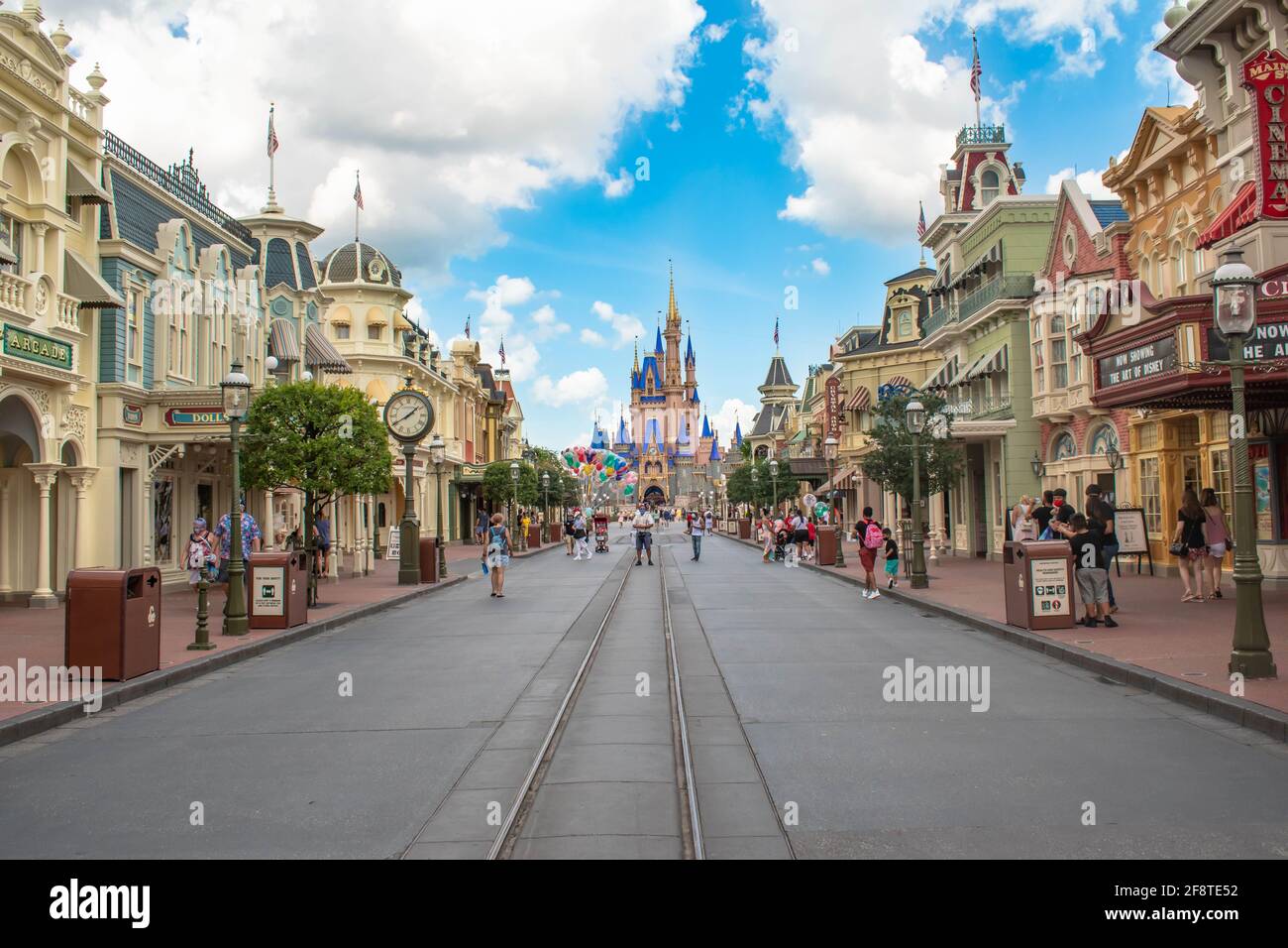 Orlando, Florida. September 02, 2020. Beautiful view of Cinderella Castle and Main Street at Magic Kingdom (136) Stock Photo
