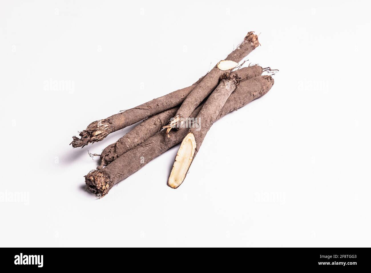 Raw Scorzonera or Spanish salsify isolated on white background. Very healthy vegetable, modern ingredient for a vegan or vegetarian diet. Contains man Stock Photo