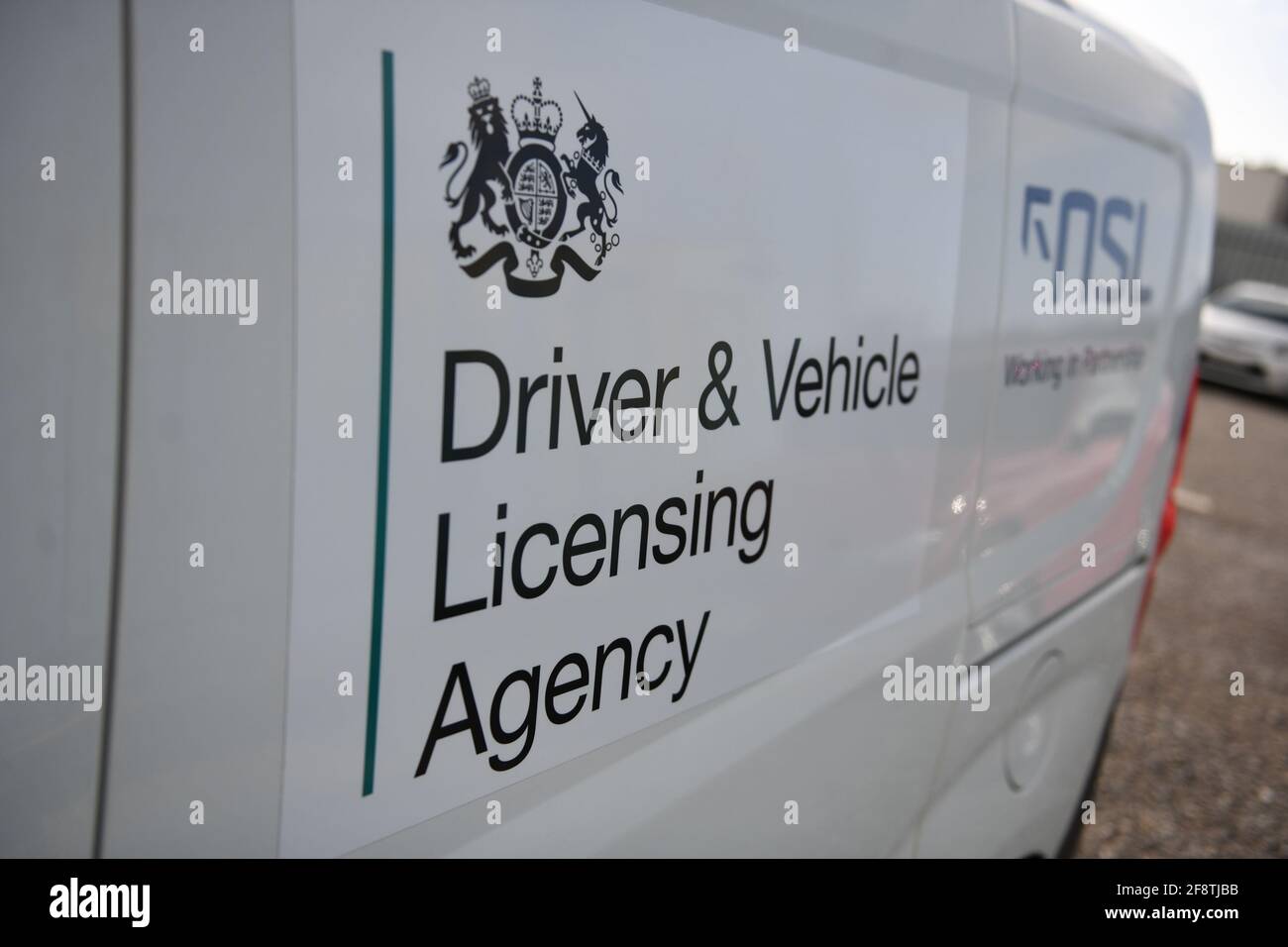 Port Talbot, 13th February 2020 The operation in Neath and Port Talbot to find and clamp untaxed vehicles on the road.  The Driver & Vehicle Licensing Agency sign on the side of a van. Stock Photo