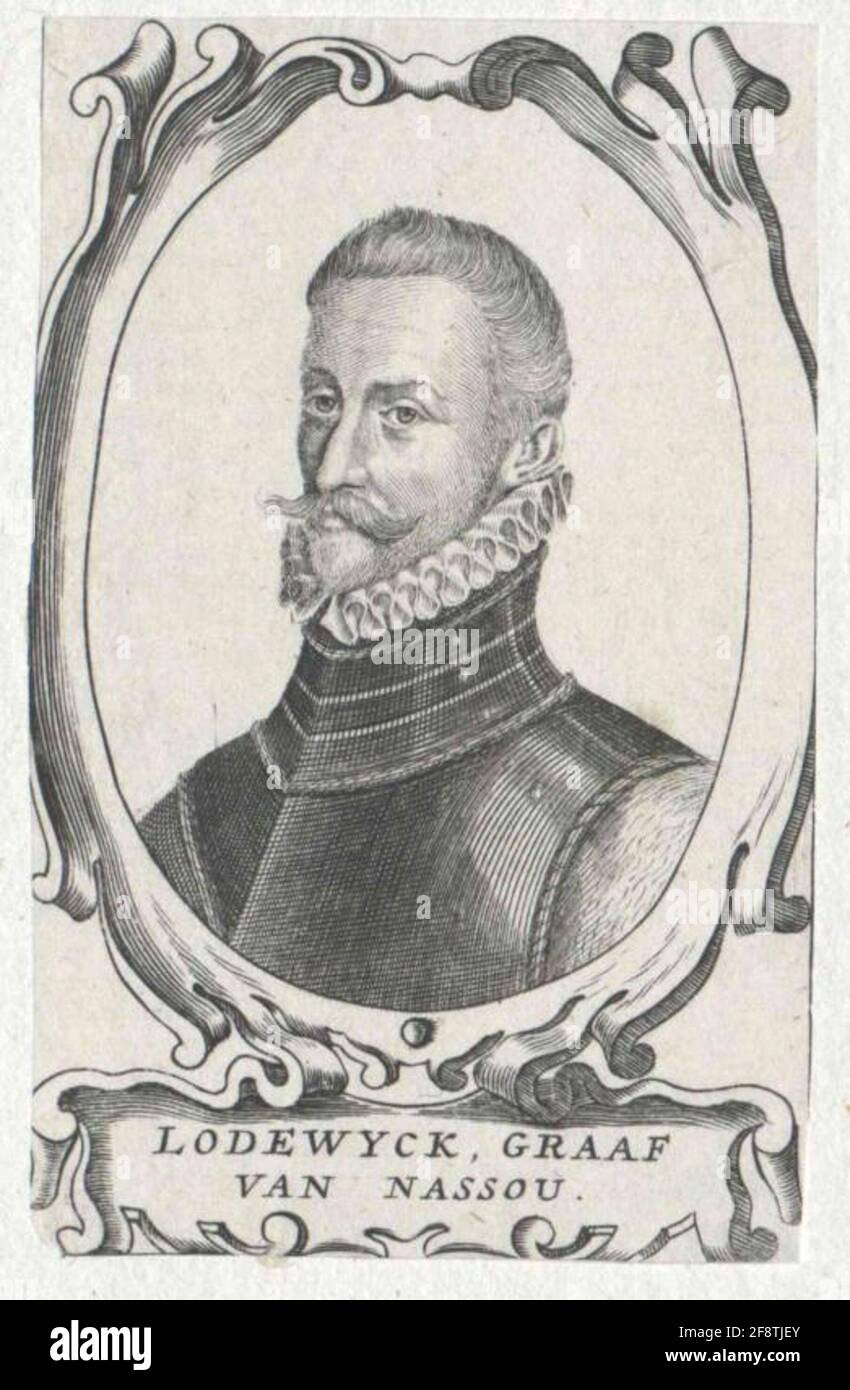 Ludwig, Count of Nassau-Siegen breast image, 3/4 from left; BARHAUPT, with mustache, stuffed completely; in Harnic, with small neck crimp; In oval framing in earpice style on similar cartridge podium with Latin. Legend. Copper engraving, without termination [Adrian van Melar attributed]. Stock Photo