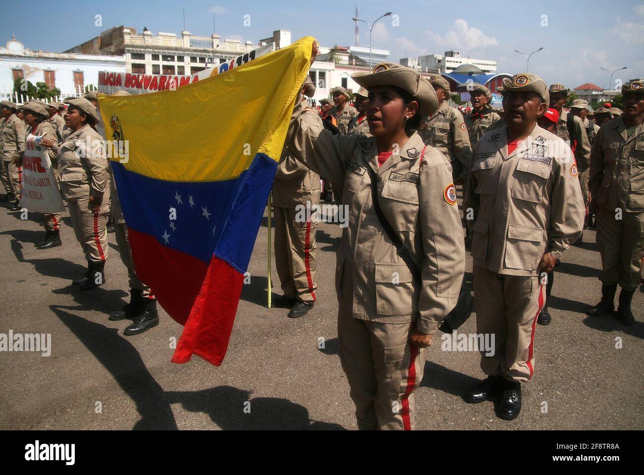 On Tuesday, April 14, 2021, in the city of Caracas, Venezuela, the general commander of the Bolivarian National Militia Bernal Martínez reported that 1,000 members of the militia will carry out humanitarian work and care in communities of Apure for the protection of the people. On the instructions of orders from President Nicolás Maduro,  a special humanitarian force to protect the communities in this border region recently affected with strong clashes between the Venezuelan military and irregular groups. (Photo by Humberto Matheus/Sipa USA) Stock Photo