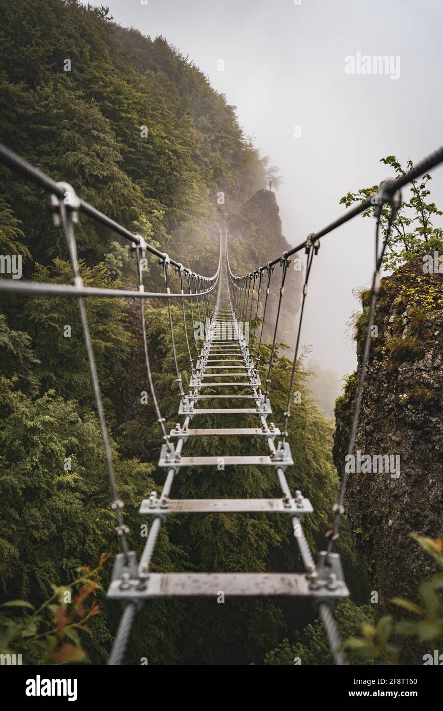 Vertical shot of a dangerous bridge on the forested hill ...