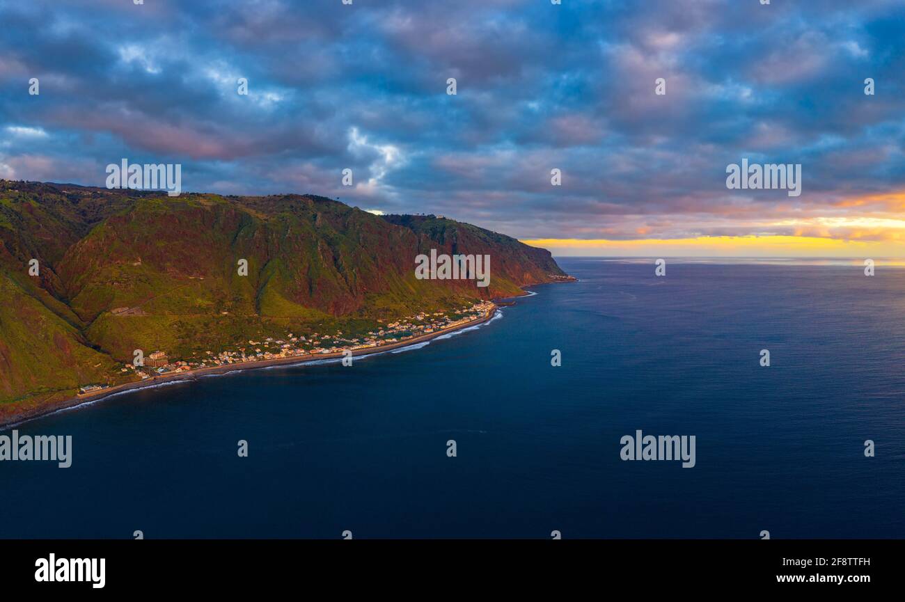 Aerial view of Paul do Mar on Madeira, Portugal at sunset Stock Photo