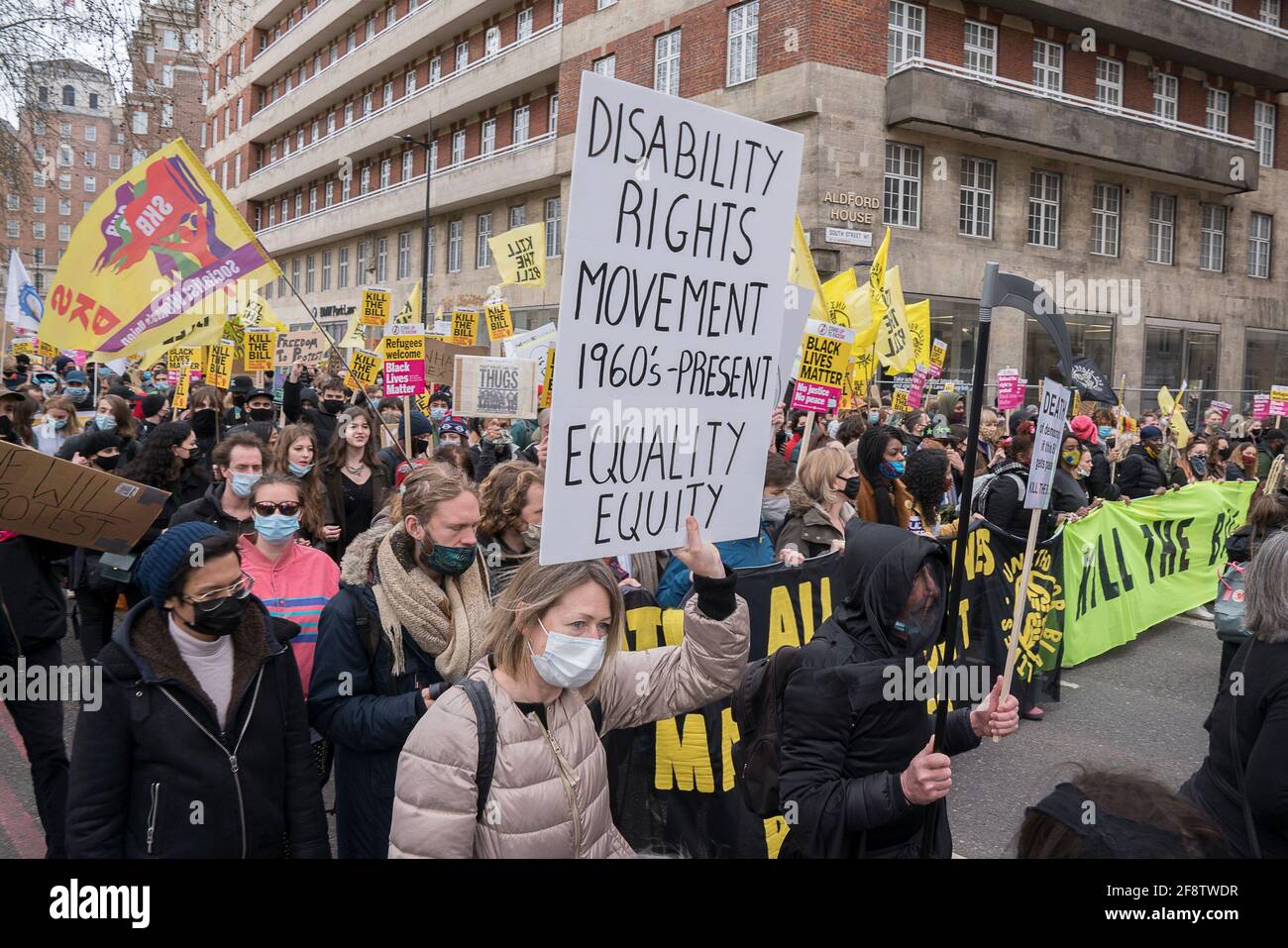 2021, 3rd April : Thousands of protesters march and rally in central London against the police, crime, sentencing and courts bill that will ristrict the democratic right to protest and the errosion of individual freedom, moving the UK further towards authoritariansim. Stock Photo
