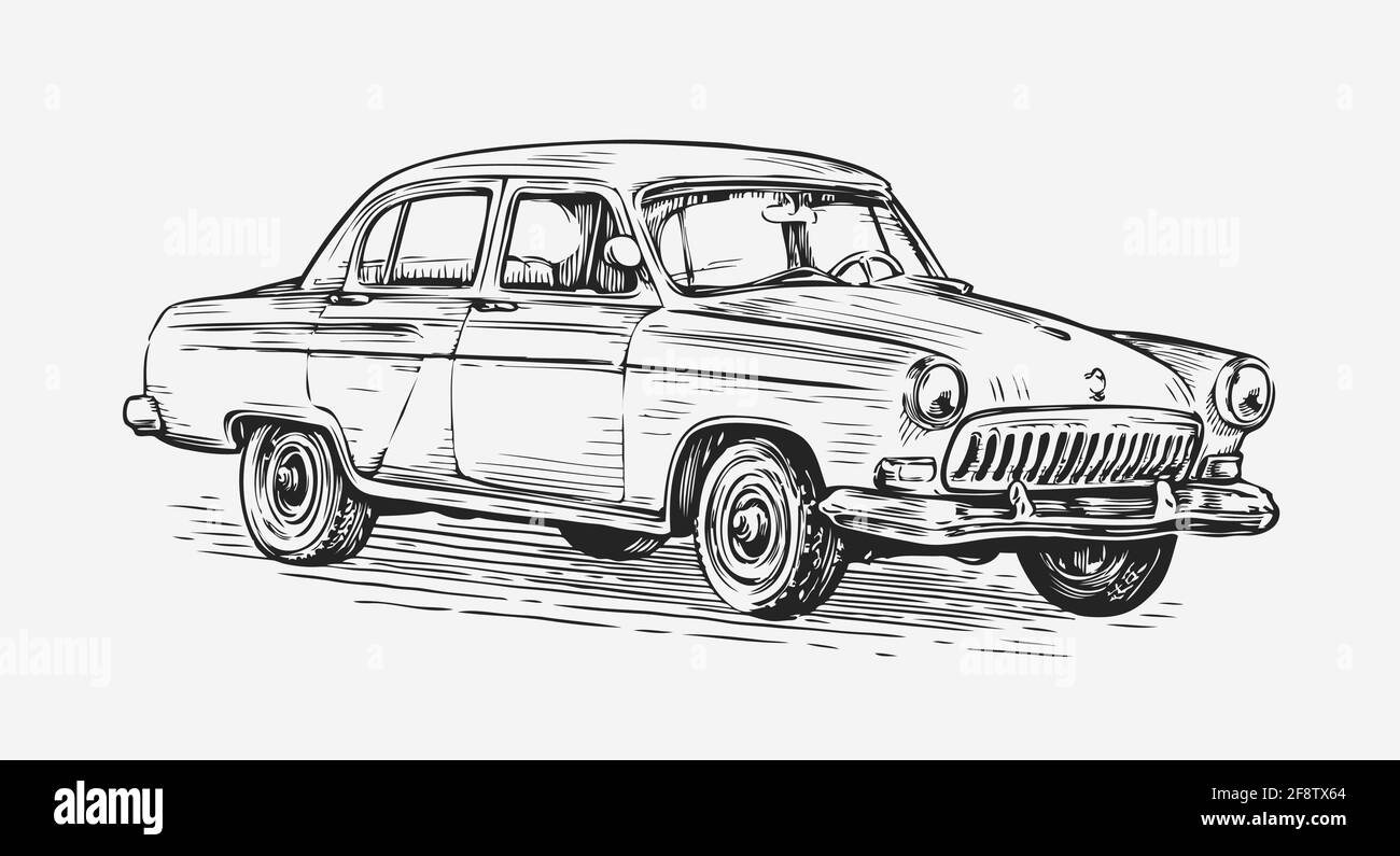 Retro car vector illustration. Automotive concept in vintage sketch style Stock Vector