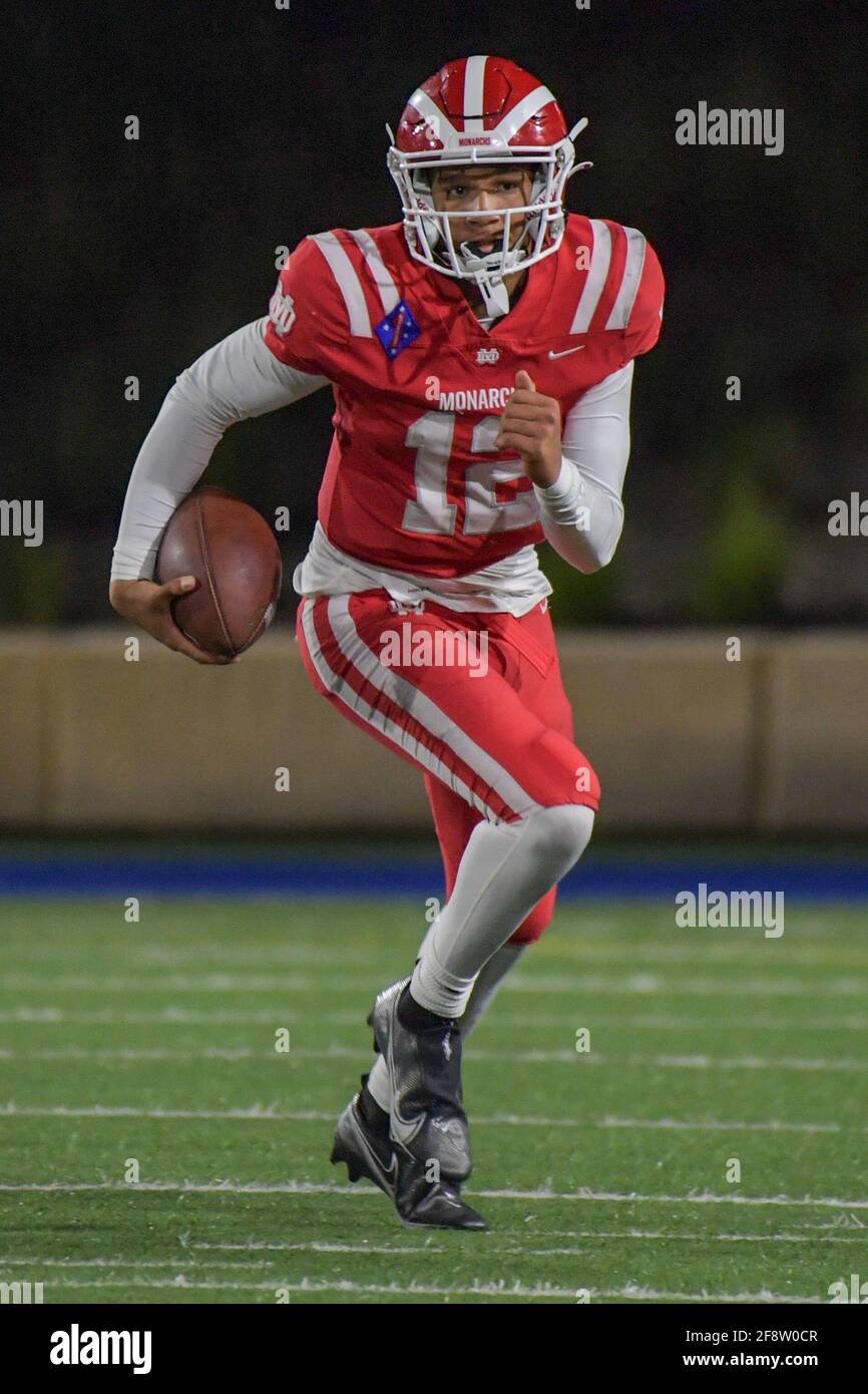 Mater Dei Monarchs quarterback Elijah Brown (12) during a high school  football game against Servite, Saturday, Apr 3, 2021 in Santa Ana, Calif. Mater  Dei defeated Servite 24-17. (Dylan Stewart/Image of Sport/Sipa