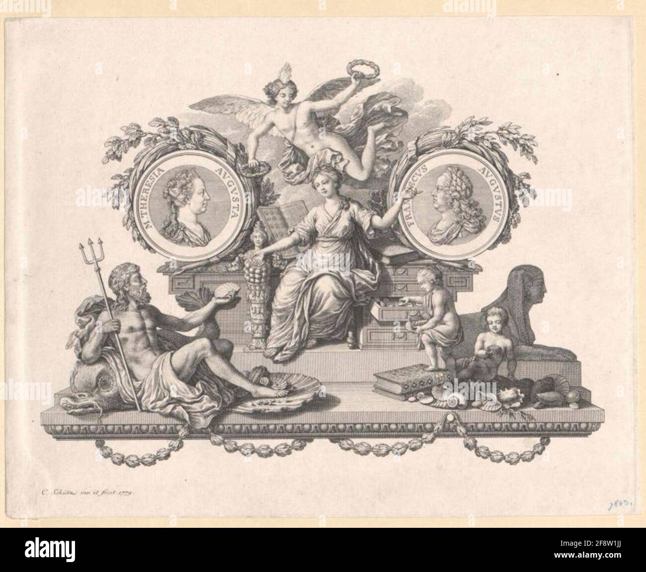 Maria Theresia, Roman-German Empress Picture Medallions Maria Theresias and Franz I Stephans, surrounded by allegorical figures. Copper engraving by Karl Schütz Stock Photo