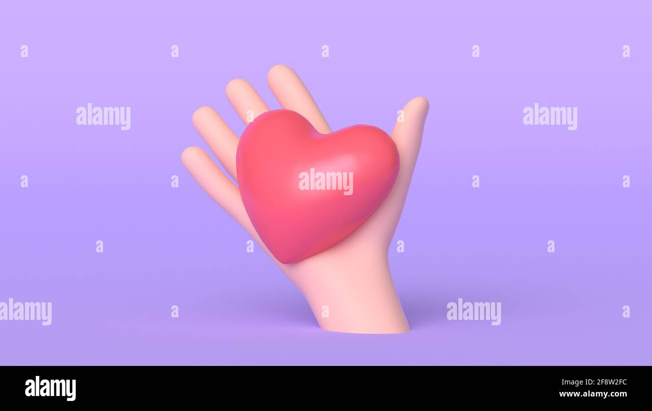 3D Cartoon Hand Holding Heart isolated on Purple Background, Hand with ...