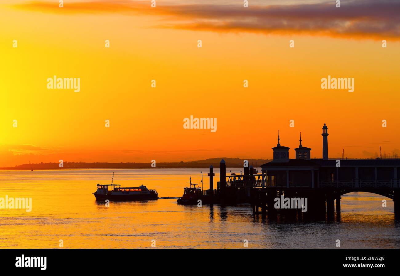 15/04/2021 Gravesend UK Ships and boats at sunrise on the River Thames near the Thames Estuary town of Gravesend in Kent. Images show Thames Swift the Stock Photo