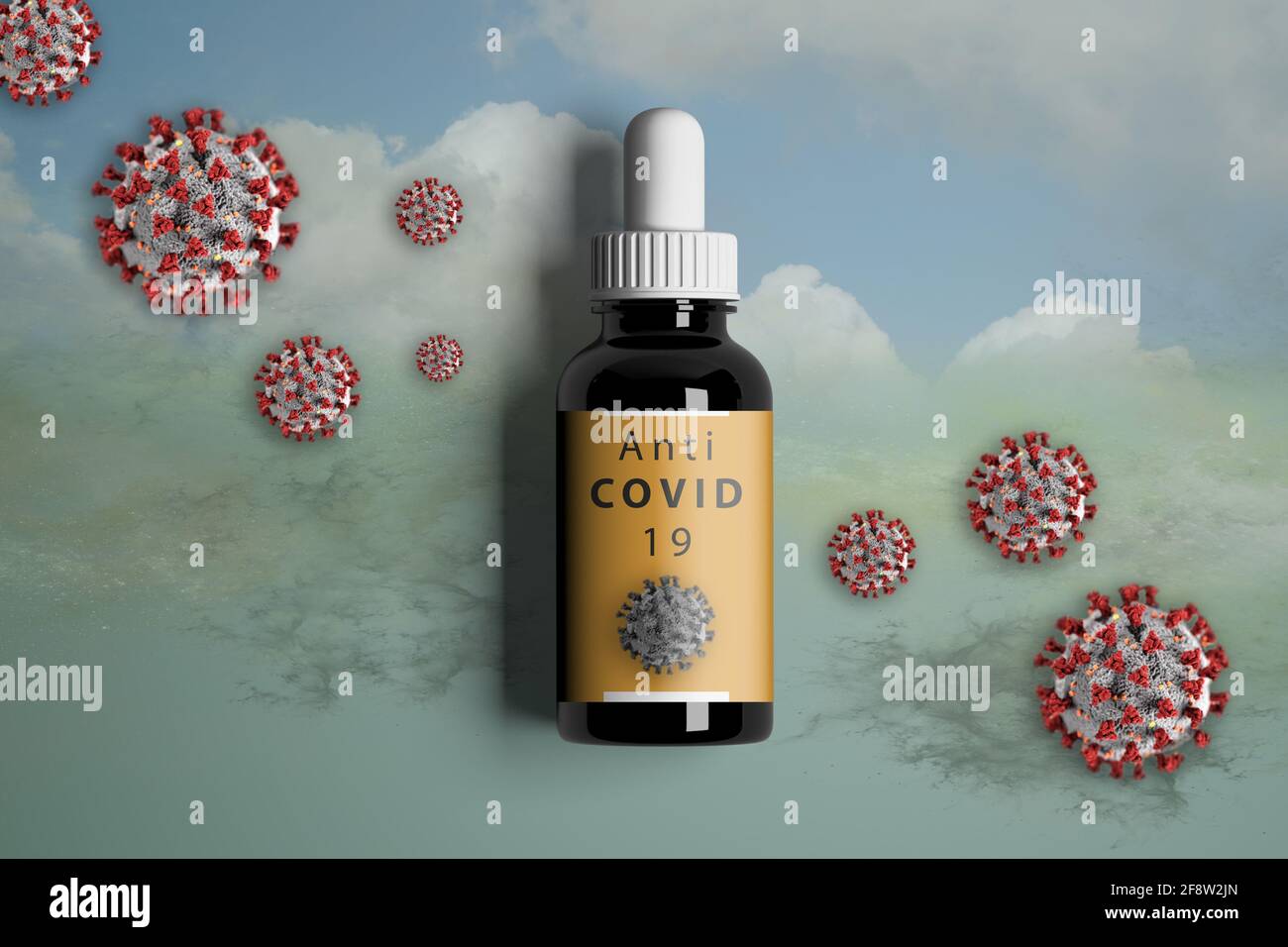 Digital Illustration of a fictitious Covid 19 vaccine in a dropper bottle. Stock Photo
