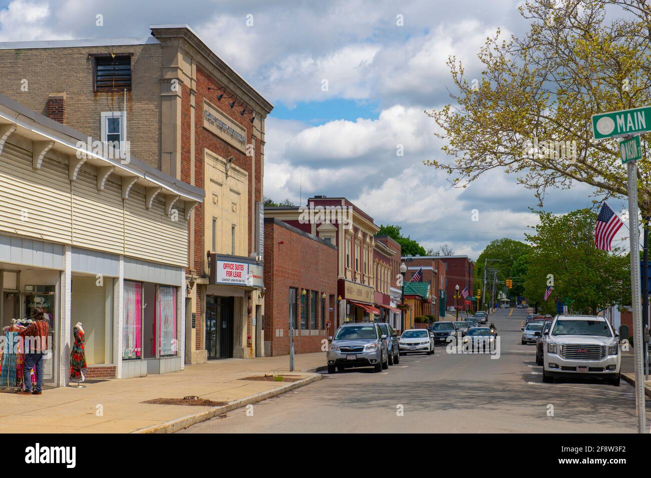 Historic commercial building on Nason Street near Main Street in Maynard historic town center in