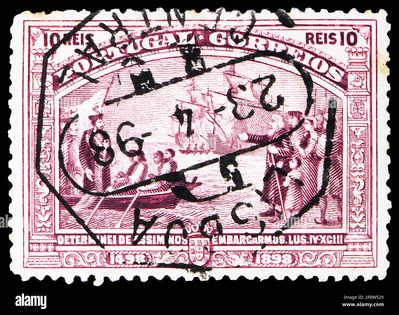 MOSCOW, RUSSIA - OCTOBER 1, 2019: Postage stamp printed in Portugal shows Departure at Belem - 07.07.1497, 400th anniversary of discovering the seaway Stock Photo