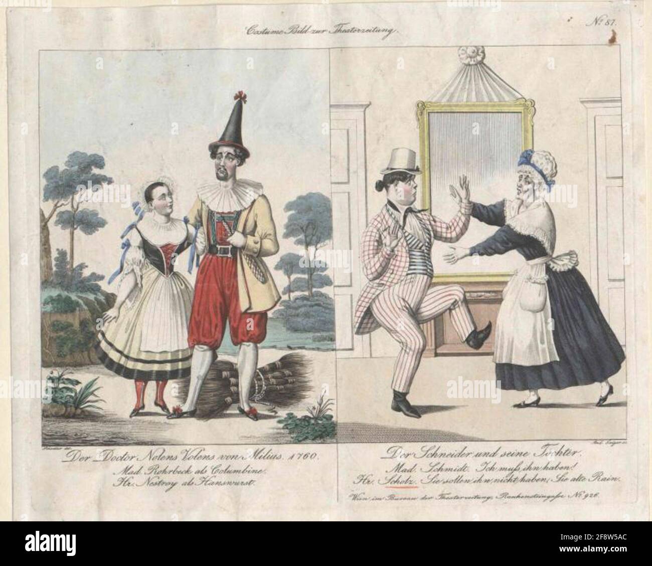 Nestroy, Johann left: 'Doctor Nolens Volen' by Milius 1760: Elise Rohrbeck as Columbine, Johann Nestroy as Hanswurst. Right 'The Schneider and his daughters', Mad. Schmidt and Wenzel Scholz. Stock Photo