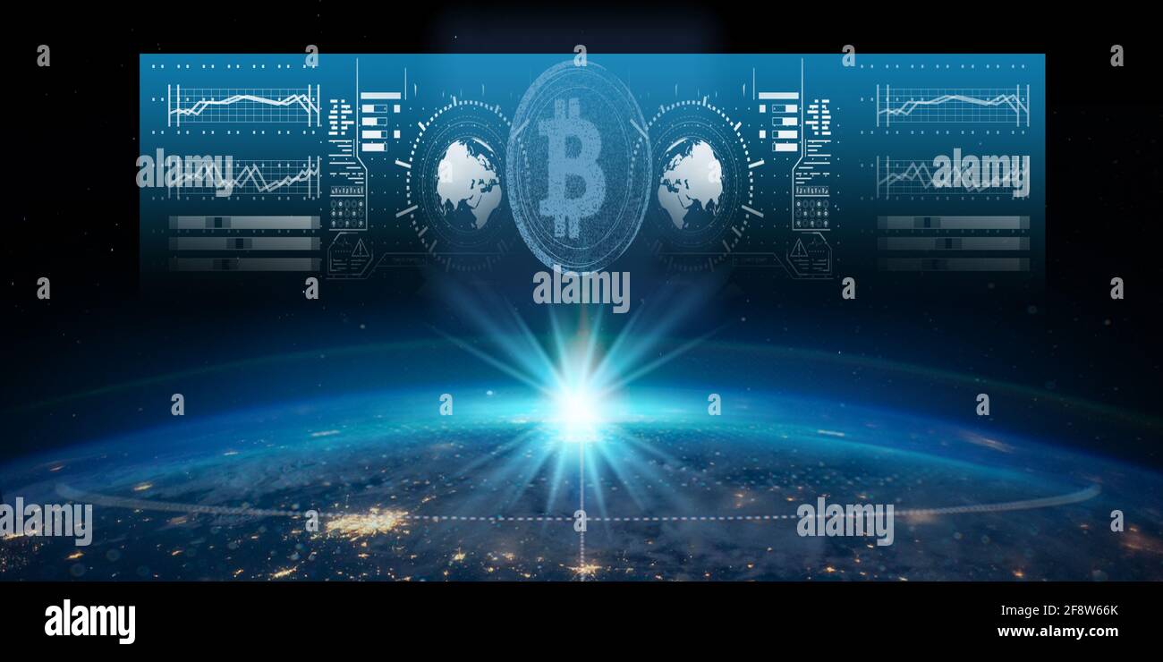 Global bitcoin crypto currency futuristic technology world map abstract background illustration. Stock Photo