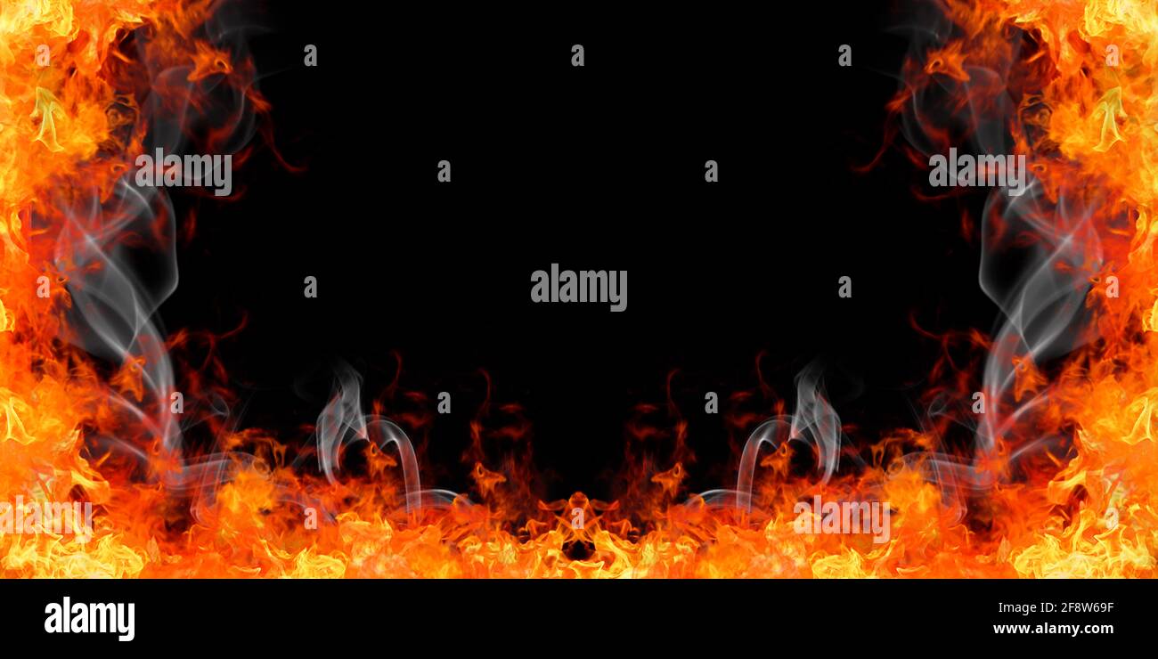 Fire flames frame with smoke on black background. Illustration Stock ...