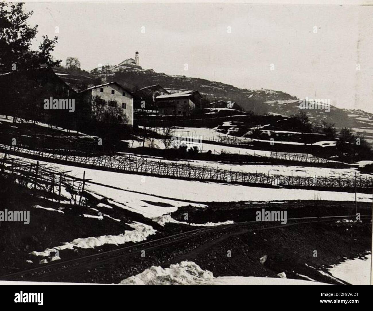 Km 7.15 Railway with the monastery church Layen. . Stock Photo