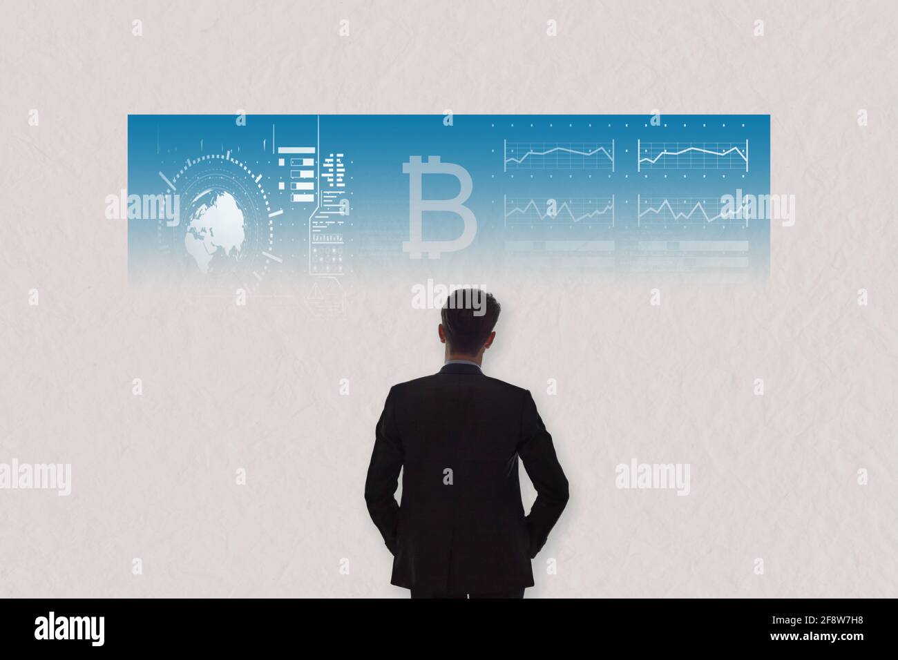 Back view of young businessman looking at bitcoin cryptocurrency trading  charts and graphs. Decrease, stats and economy concept Stock Photo - Alamy