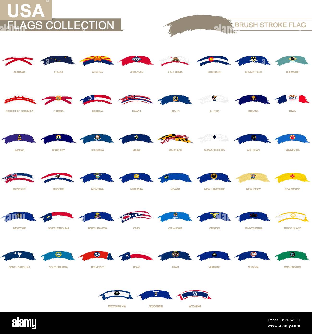 Rounded grunge brush stroke with US state flags. Set of vector flags ...