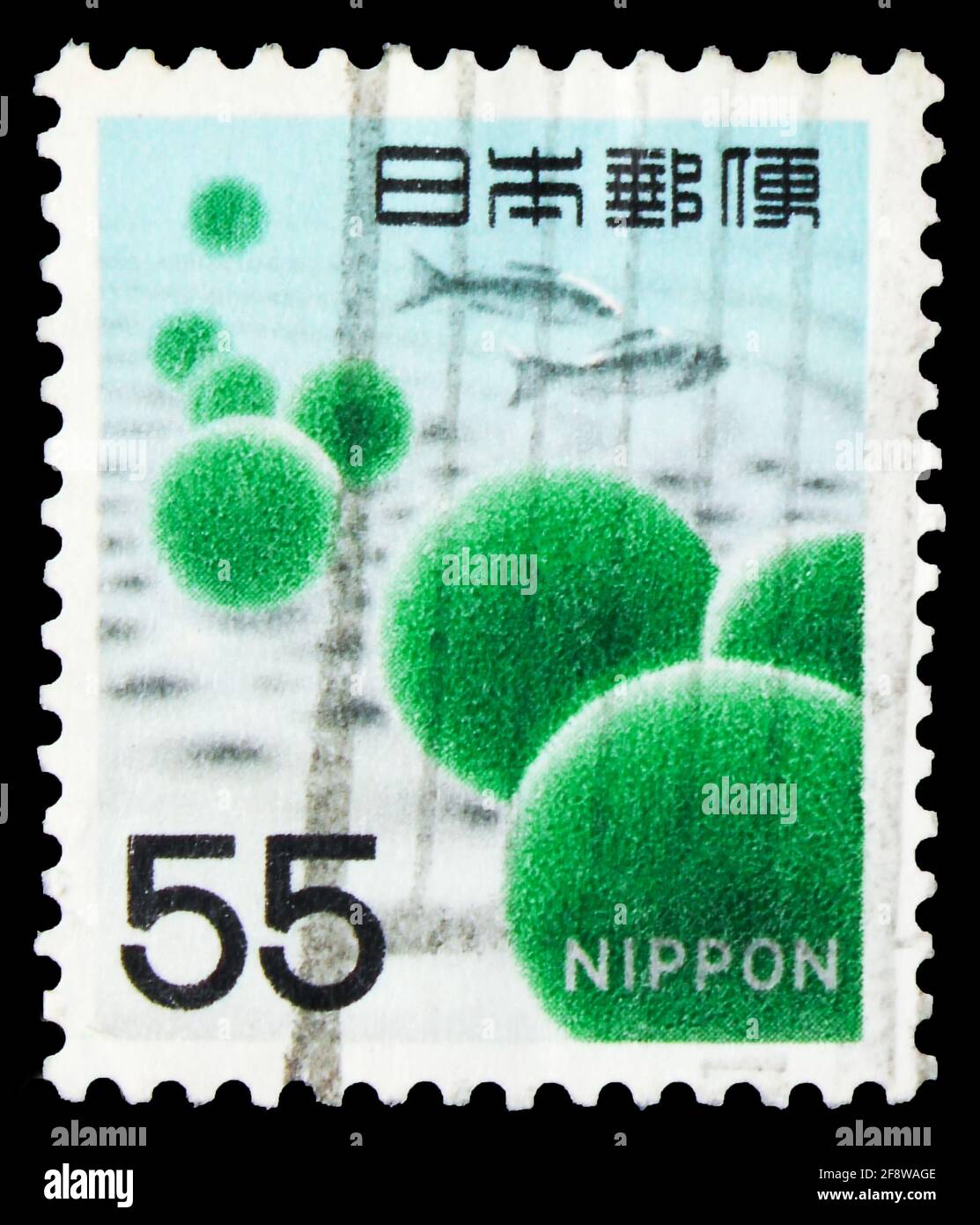 MOSCOW, RUSSIA - OCTOBER 1, 2019: Postage stamp printed in Japan shows Marimo Moss Balls (Aegagropila Linnaei), Fauna, Flora and Cultural Heritage ser Stock Photo