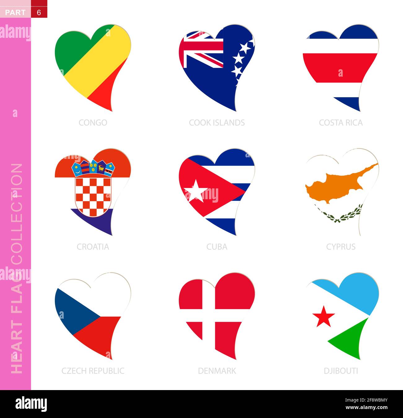 Сollection of flags in the shape of a heart. 9 heart icon with flag of country Congo, Cook Islands, Costa Rica, Croatia, Cuba, Cyprus, Czech Republic, Stock Vector
