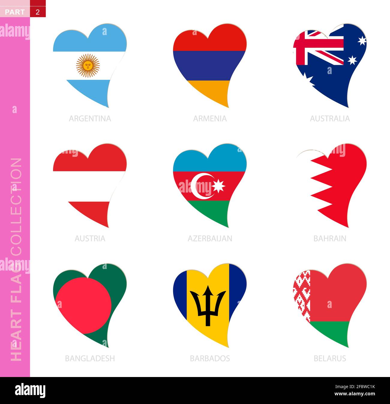 Сollection of flags in the shape of a heart. 9 heart icon with flag of country Argentina, Armenia, Australia, Austria, Azerbaijan, Bahrain, Bangladesh Stock Vector