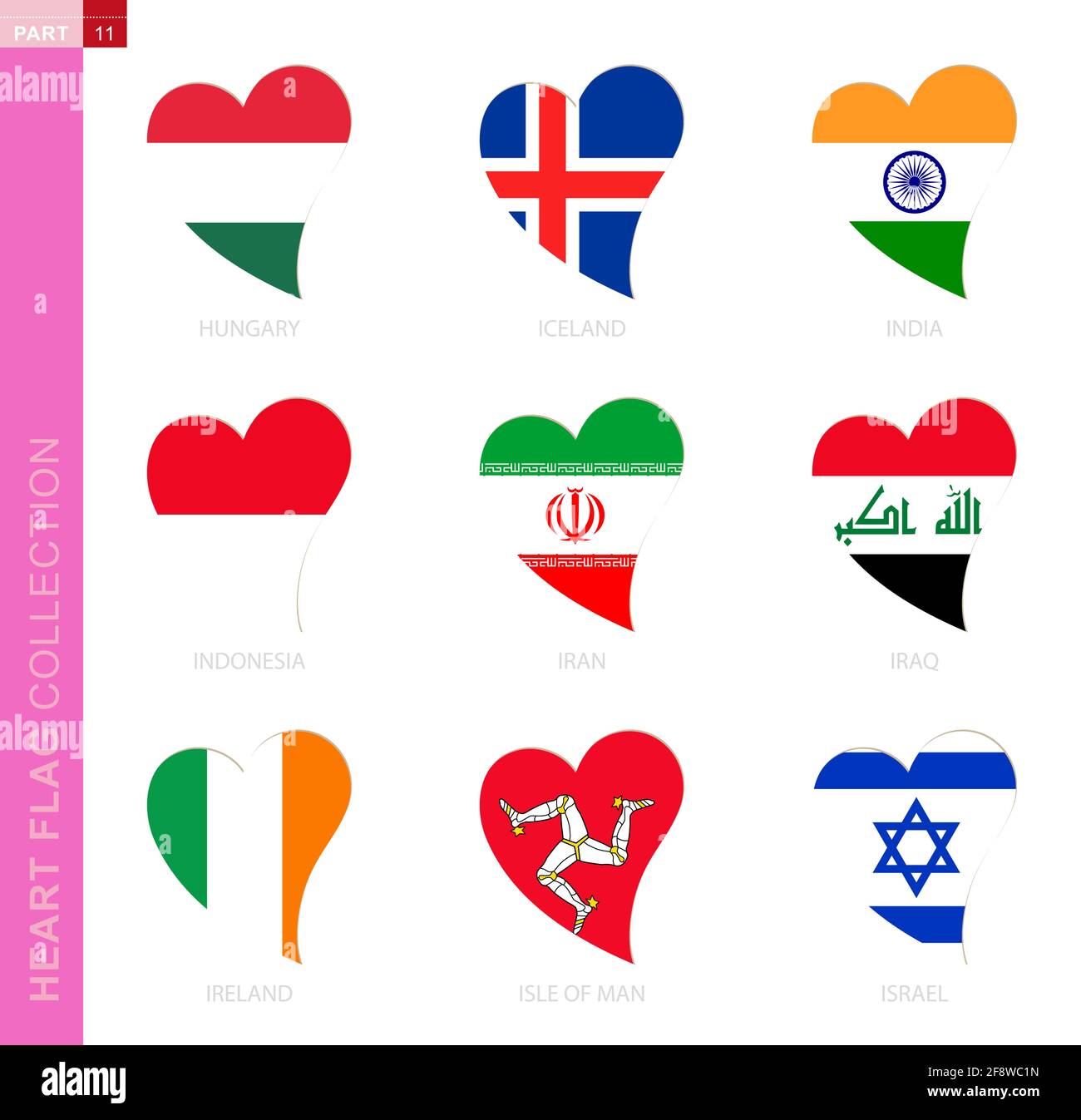 Сollection of flags in the shape of a heart. 9 heart icon with flag of country Hungary, Iceland, India, Indonesia, Iran, Iraq, Ireland, Isle of Man, I Stock Vector