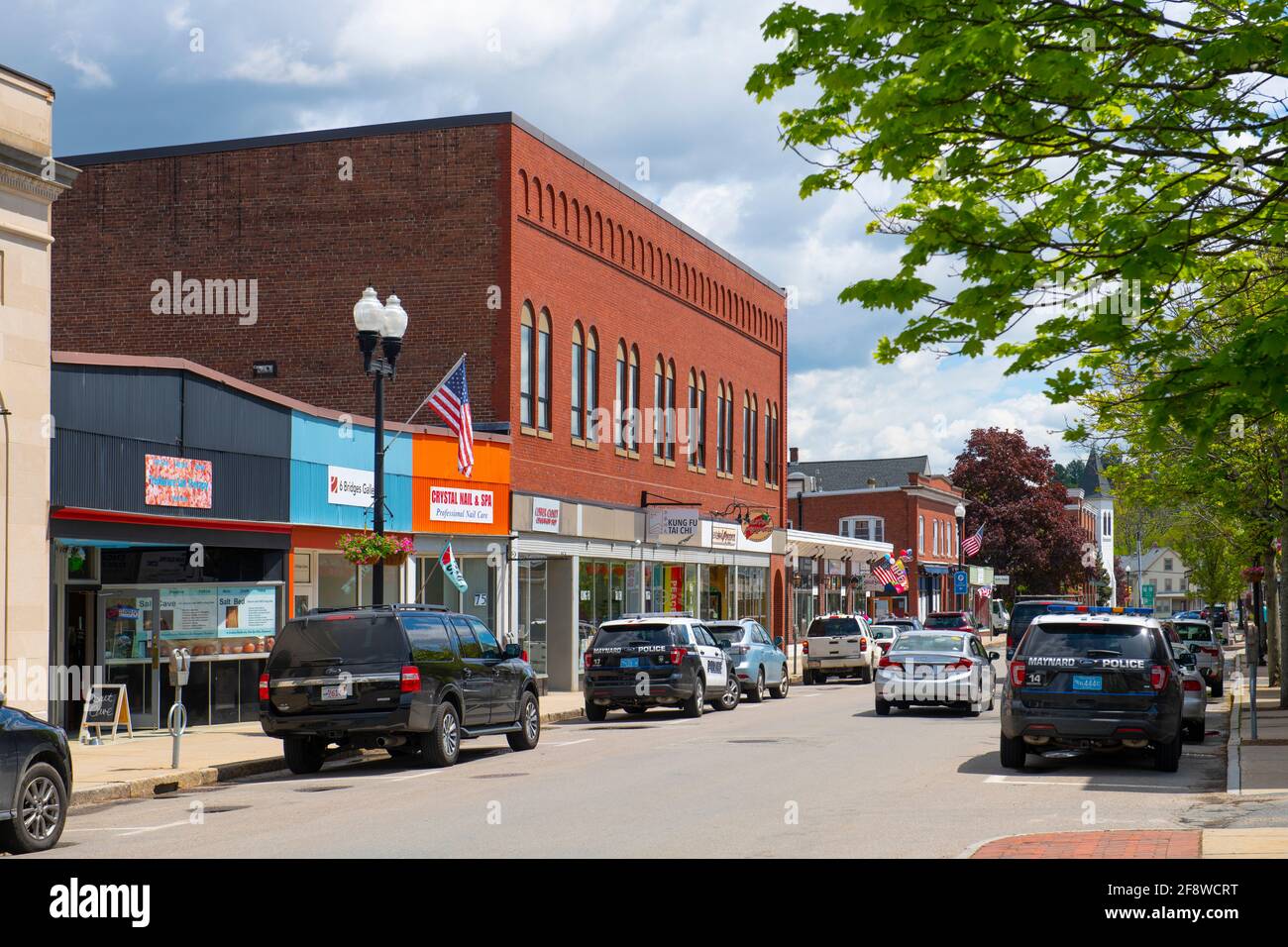 Historic commercial buildings on Main Street in Maynard historic town ...