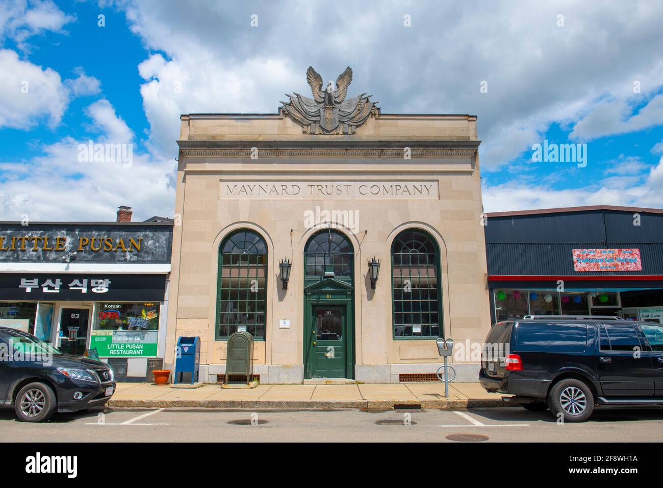 Historic commercial buildings on Main Street in Maynard historic town