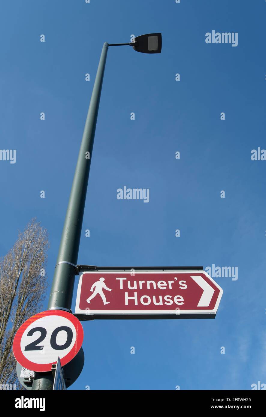 right pointing sign for sandycombe lodge, twickenham, middlesex, england, former home of artist jmw turner Stock Photo