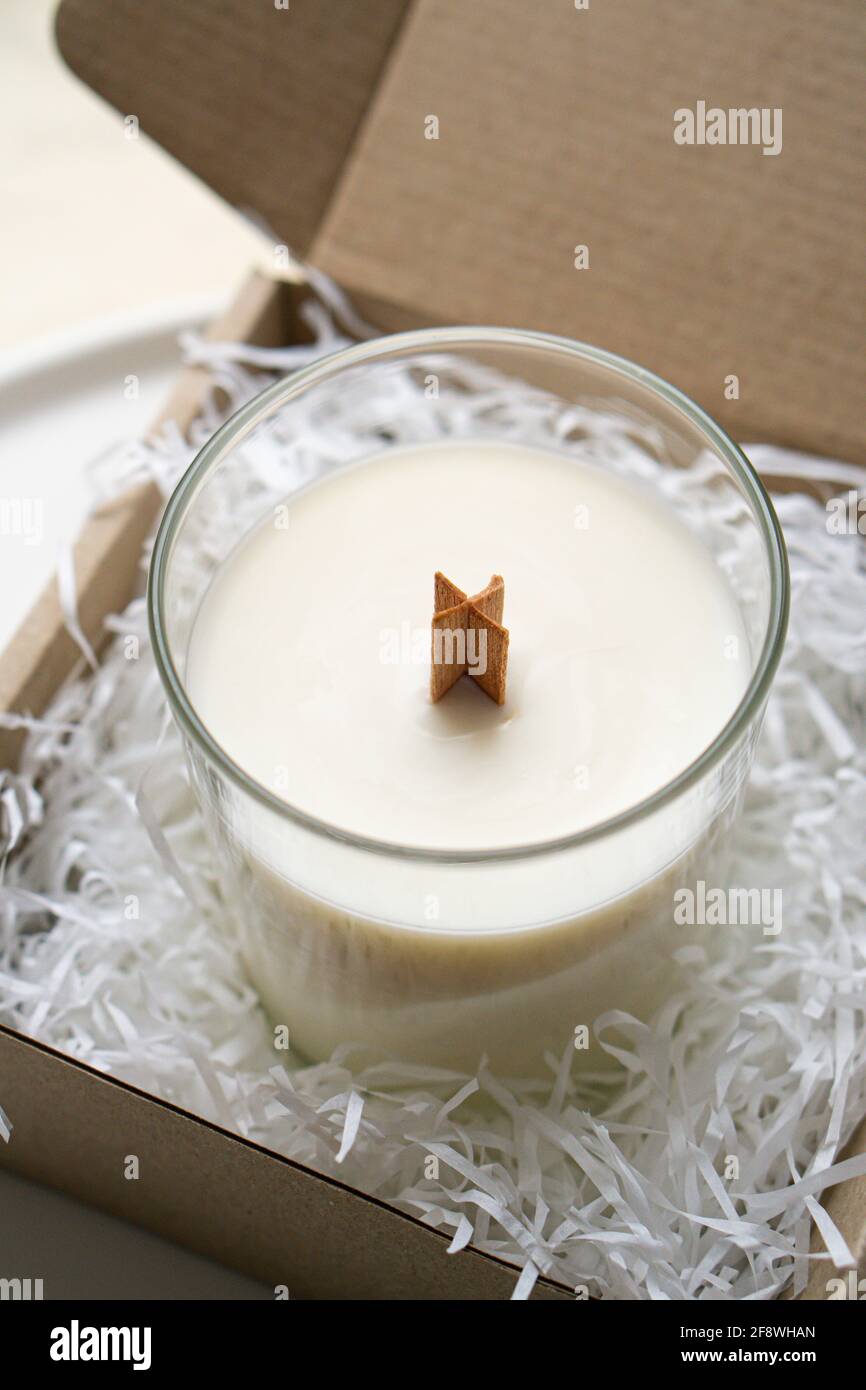 Natural new soy wax candle with wooden wick in clear glass jar Stock ...