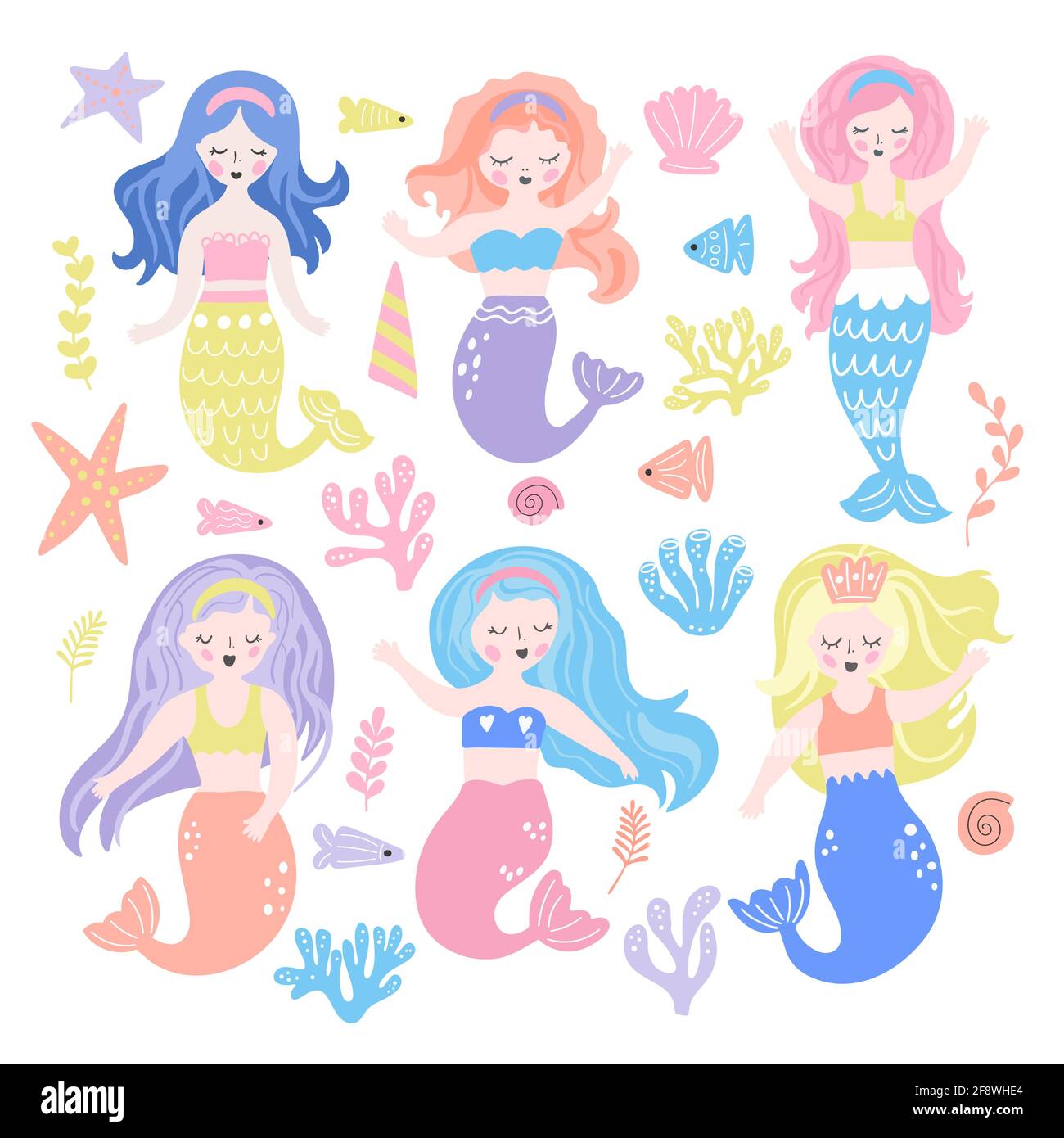 Set of cute cartoon mermaid, algae and marine life Stock Vector