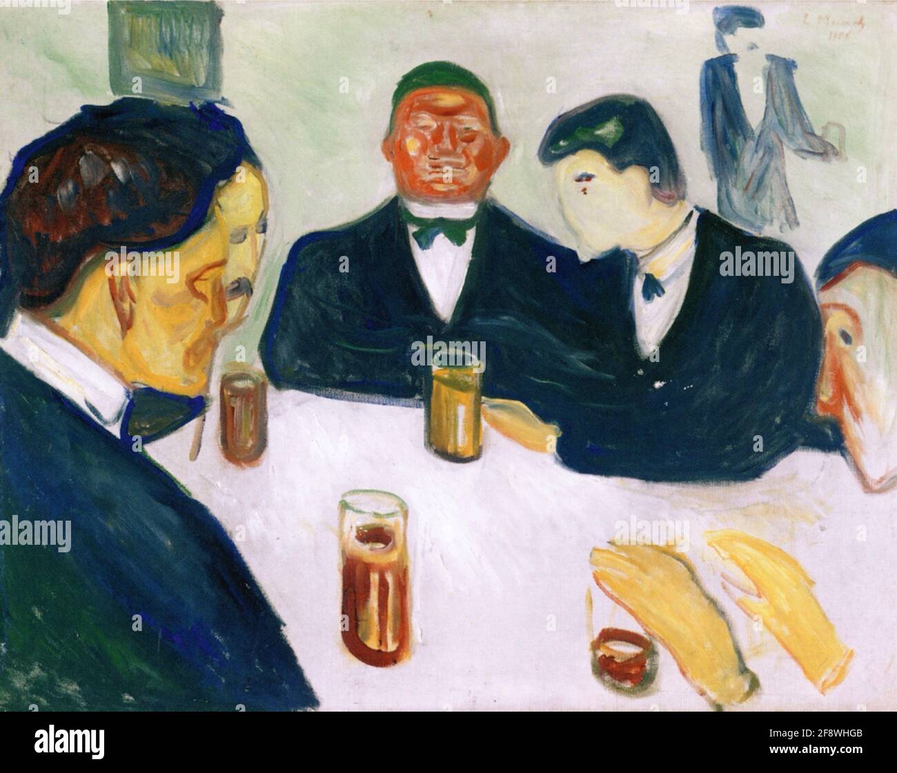 Edvard Munch artwork entitled Drinkers from 1906. A group of men sit around a table engaging in the manly pursuit of drinking. Stock Photo