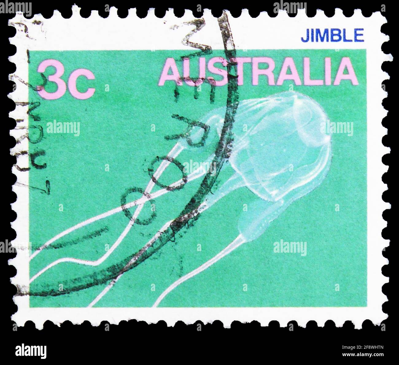 MOSCOW, RUSSIA - OCTOBER 1, 2019: Postage stamp printed in Australia shows Jimble Jellyfish (Carybdea rastoni), Sea Life serie, circa 1986 Stock Photo