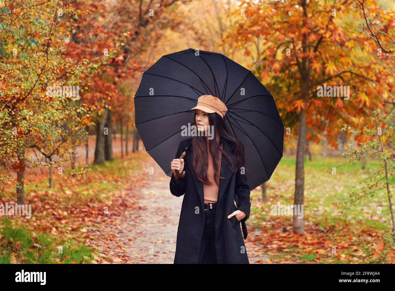 YOUNG ASIAN WOMAN PRETTY BROWN HAIR WALKS THROUGH THE FOREST IN AUTUMN ...