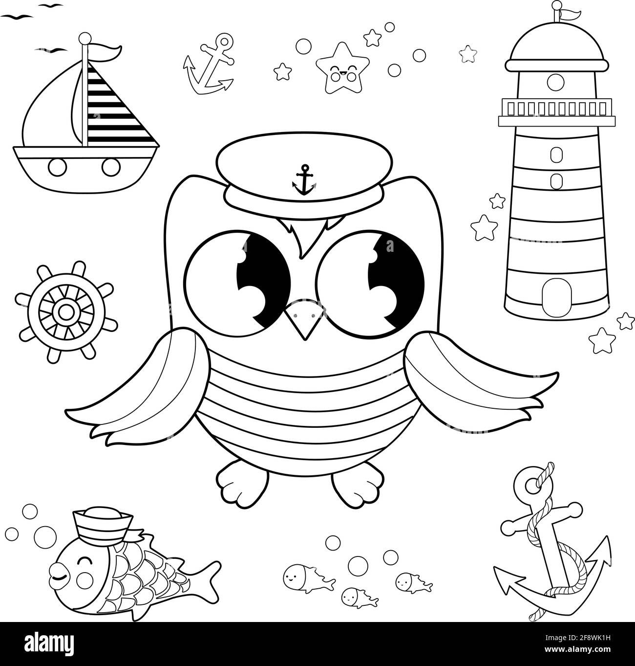 Cute vector nautical set with sailor owl captain bird. Vector black and white coloring page Stock Vector