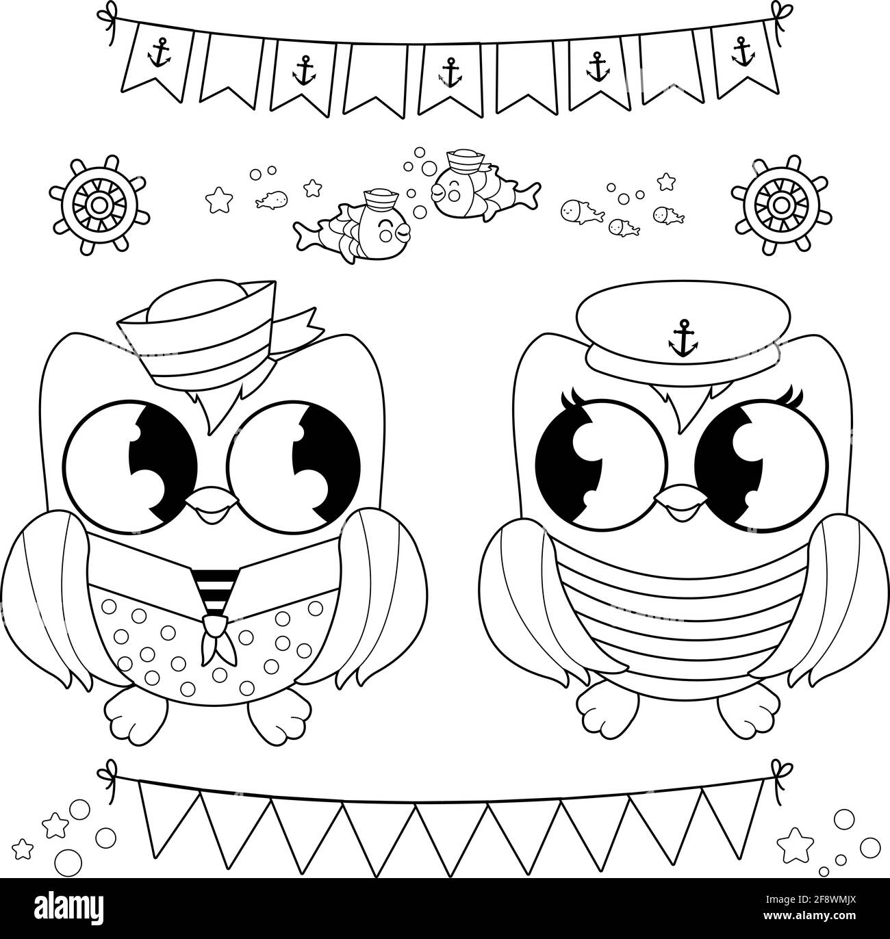 Cute vector nautical set with sailor owl birds. Vector black and white coloring page Stock Vector