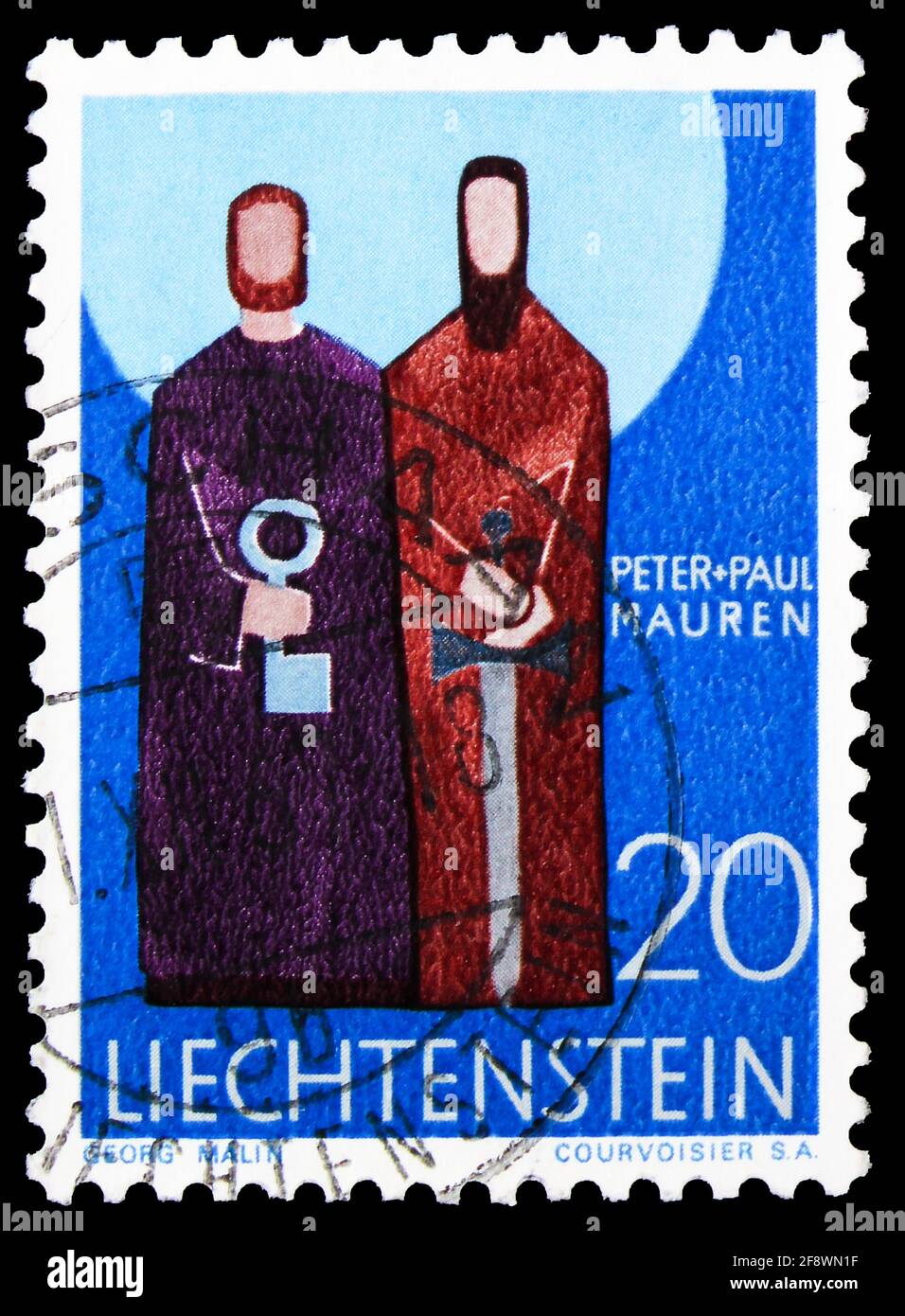 MOSCOW, RUSSIA - OCTOBER 1, 2019: Postage stamp printed in Liechtenstein shows Saints Peter and Paul, Patrons of the eleven municipalities of the Prin Stock Photo