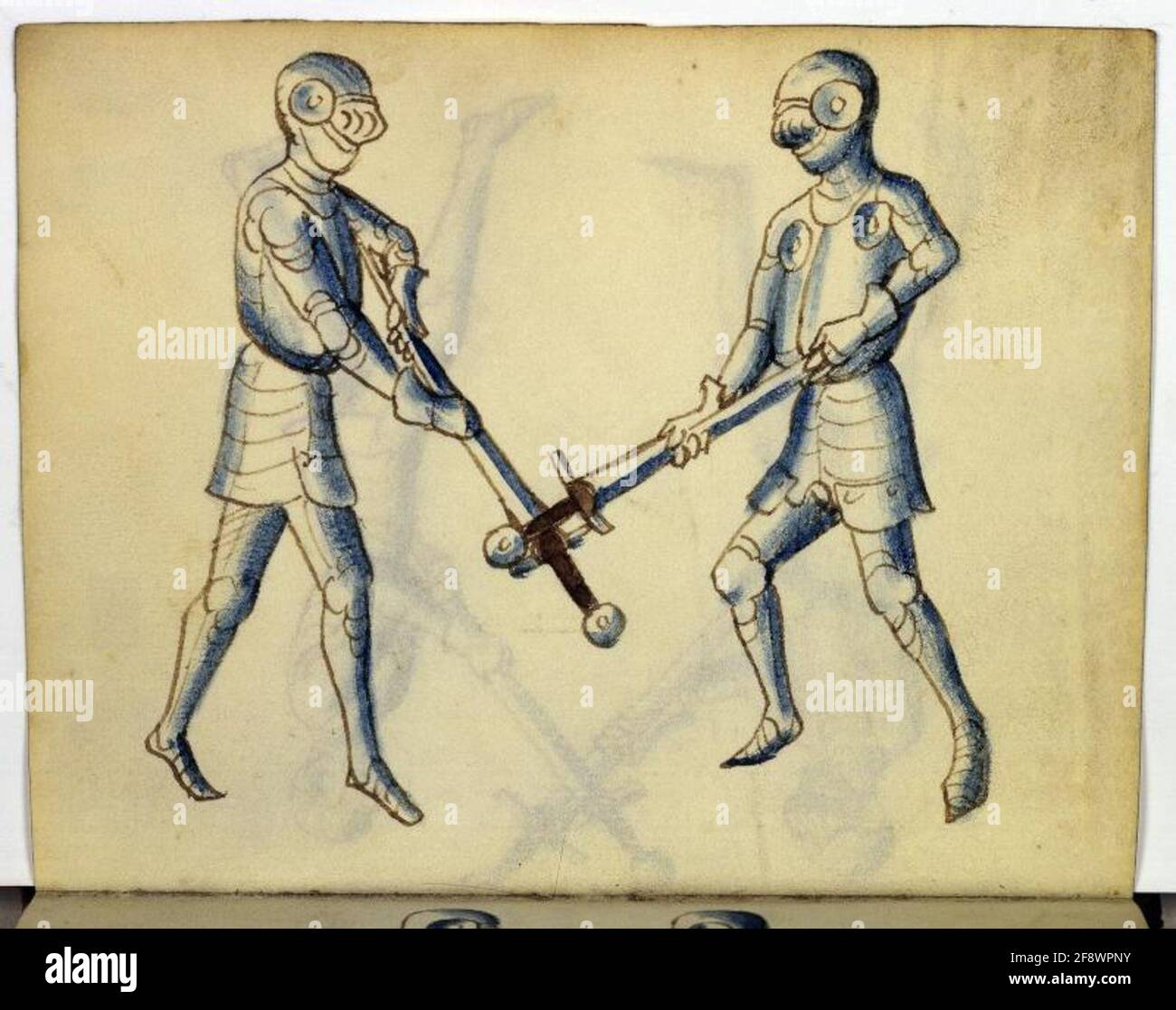 Cod. 11093, fol. 26v: Book on Swordsmanship and Wrestling Full page: fencing scene; pen and brush drawing, Southwestern Germany, mid-15th c. Stock Photo