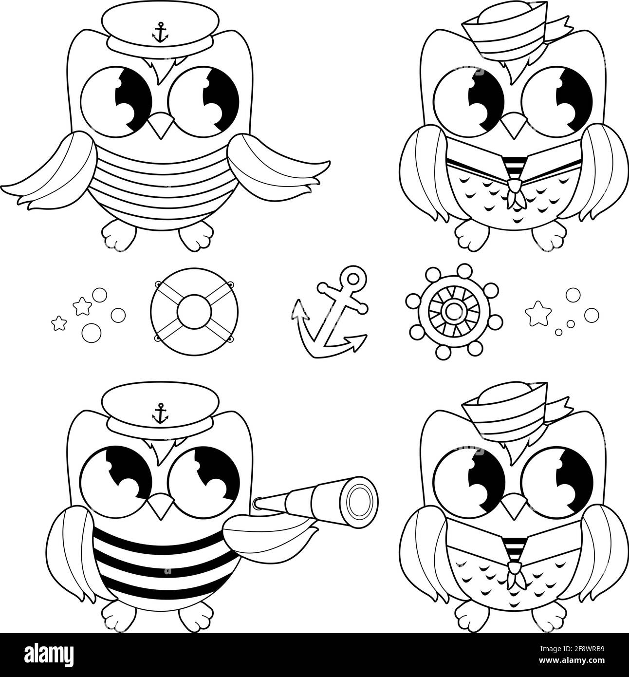 Sailor owls marine nautical set. Vector black and white coloring page Stock Vector