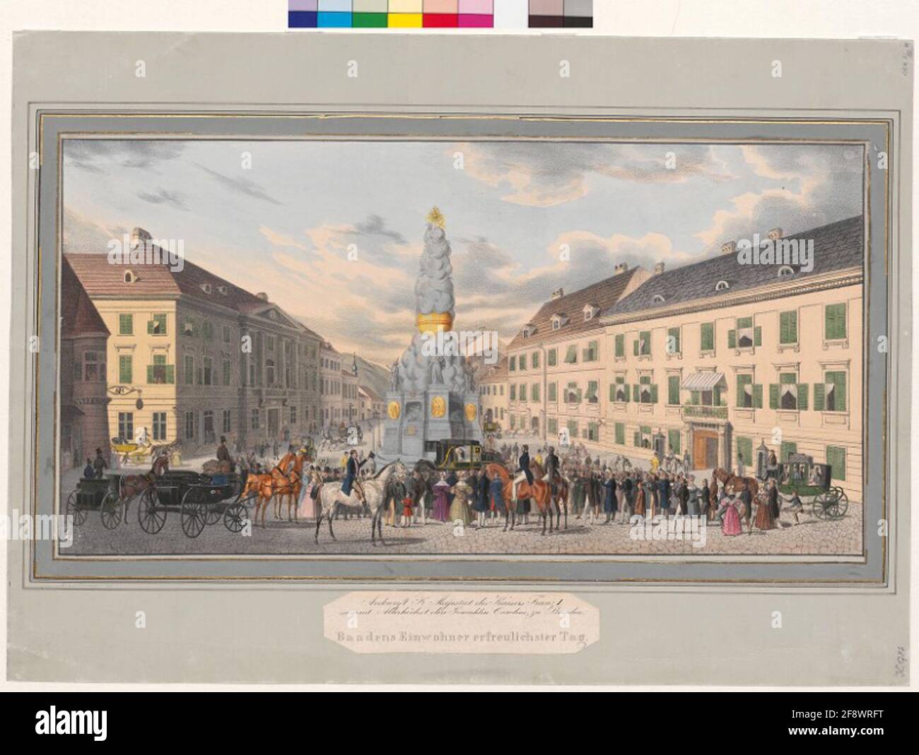 Arrival Sr. Majesty of the Emperor Franz I Sammed the highest denchmastin Caroline in Baden Arrival of the Imperial couple in front of the imperial summer residence in Baden, the so-called 'Kaiserhaus' .Colorised lithograph according to the drawing of Alexander von Bensa. Stock Photo