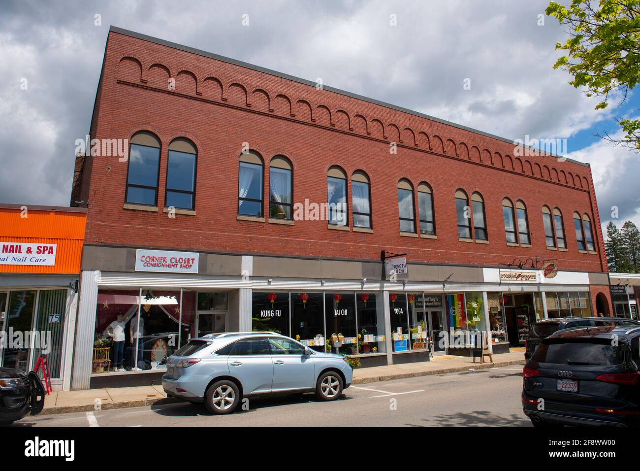 Historic commercial buildings on Main Street in Maynard historic town ...