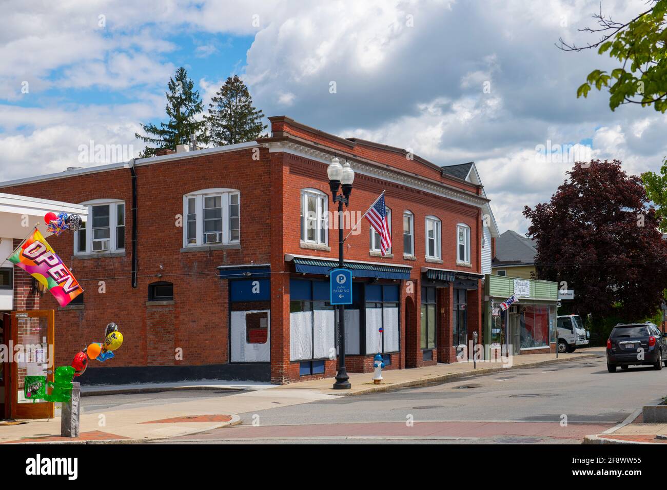 Historic commercial buildings on Main Street in Maynard historic town
