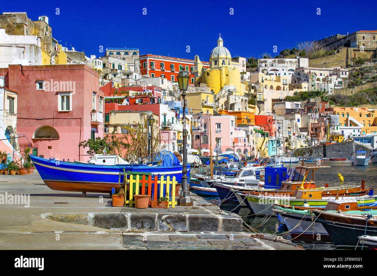 Characteristic, beautiful and romantic, Marina Corricella is the oldest village of Procida, Italy. Stock Photo