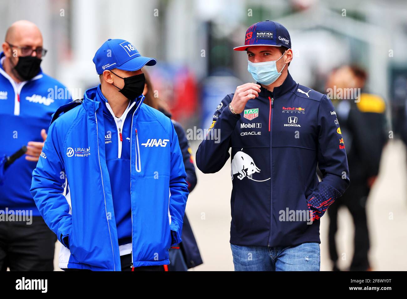 Imola, Italy. 15th Apr, 2021. (L to R): Mick Schumacher (GER) Haas F1 Team  with Max Verstappen (NLD) Red Bull Racing. Emilia Romagna Grand Prix,  Thursday 15th April 2021. Imola, Italy. Credit: