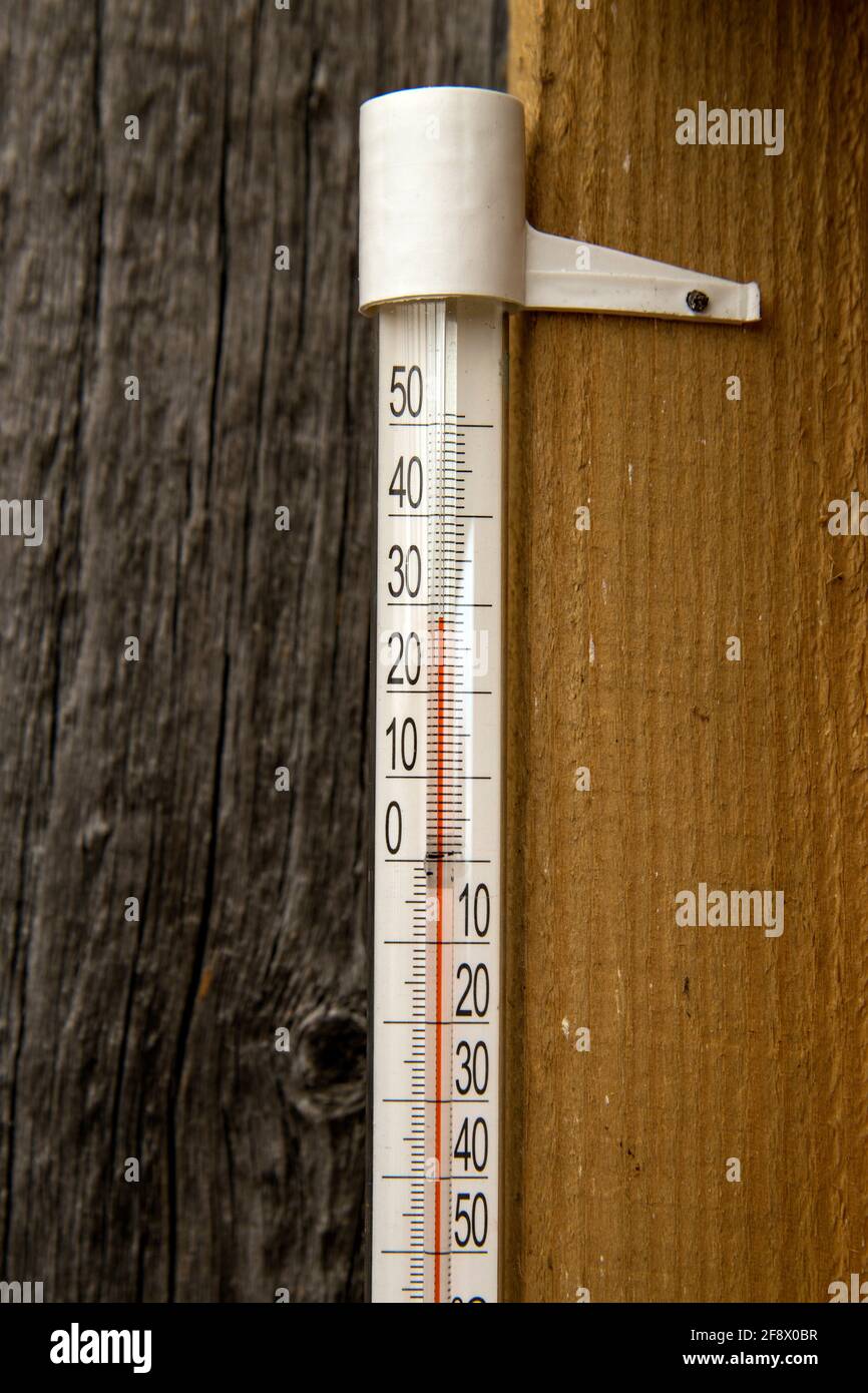 Thermometer shows temperature of 28 degrees. Located in agreenhouse
