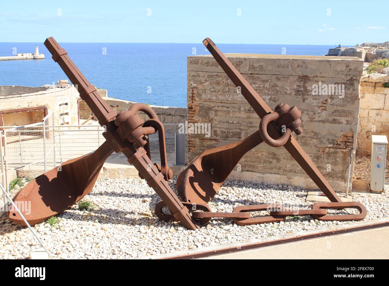 Close-up view of two large rusted ship anchors Stock Photo