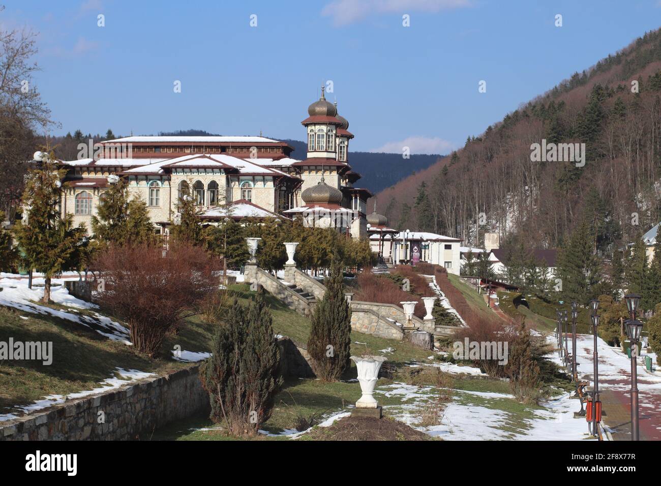 SLANIC MOLDOVA, BACAU, ROMANIA - MARCH 28, 2018: View of old casino and castle hotels, in Slanic Moldova, Romania Stock Photo